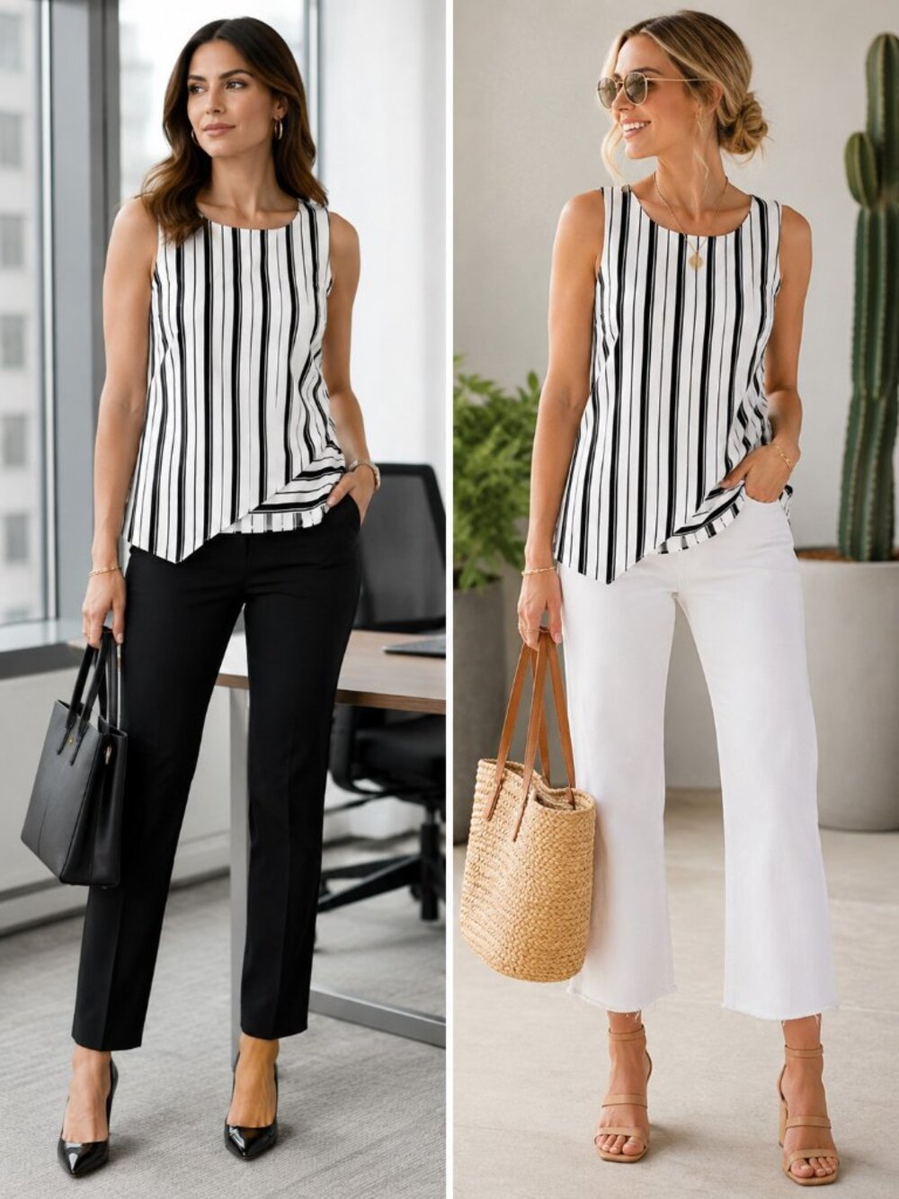 WHBM Black White Stripe Sleeveless Asymmetric Dressy Career Tank Top Womens 8